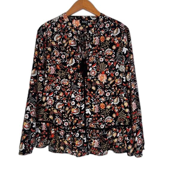 ANA Bold Black Maximal Floral Tie Neck Long Sleeve Peasant Boho Blouse Size PL - Picture 1 of 11